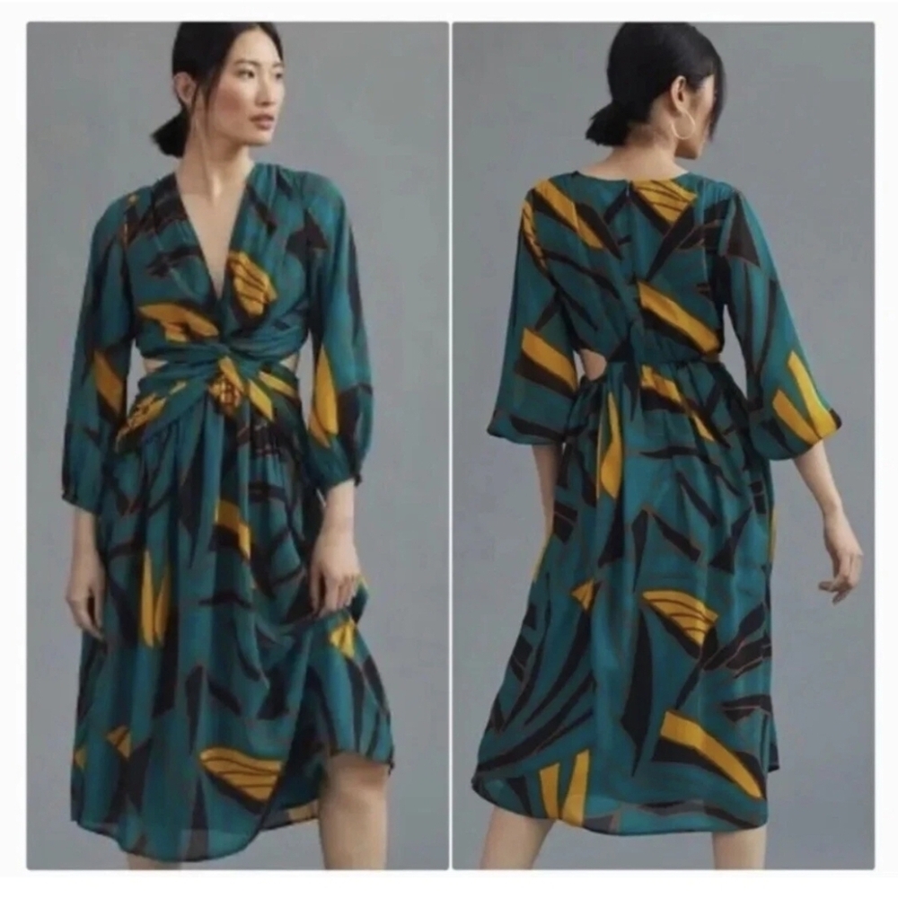❤️ RANNA GILL ANTHROPOLOGIE SIDE CUT-OUT ABSTRACT FLORAL MIDI DRESS, MEDIUM - Picture 2 of 13
